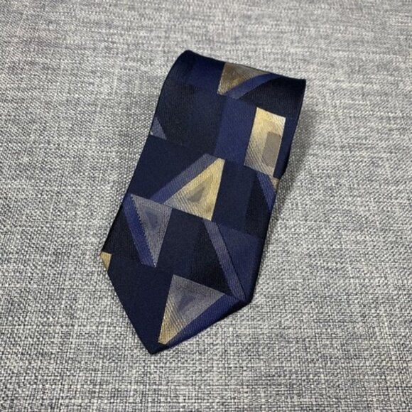 Vintage Fratelli Moda 100% Silk Hand Made In Italy Geometric Tie Black & Gold - Picture 1 of 5